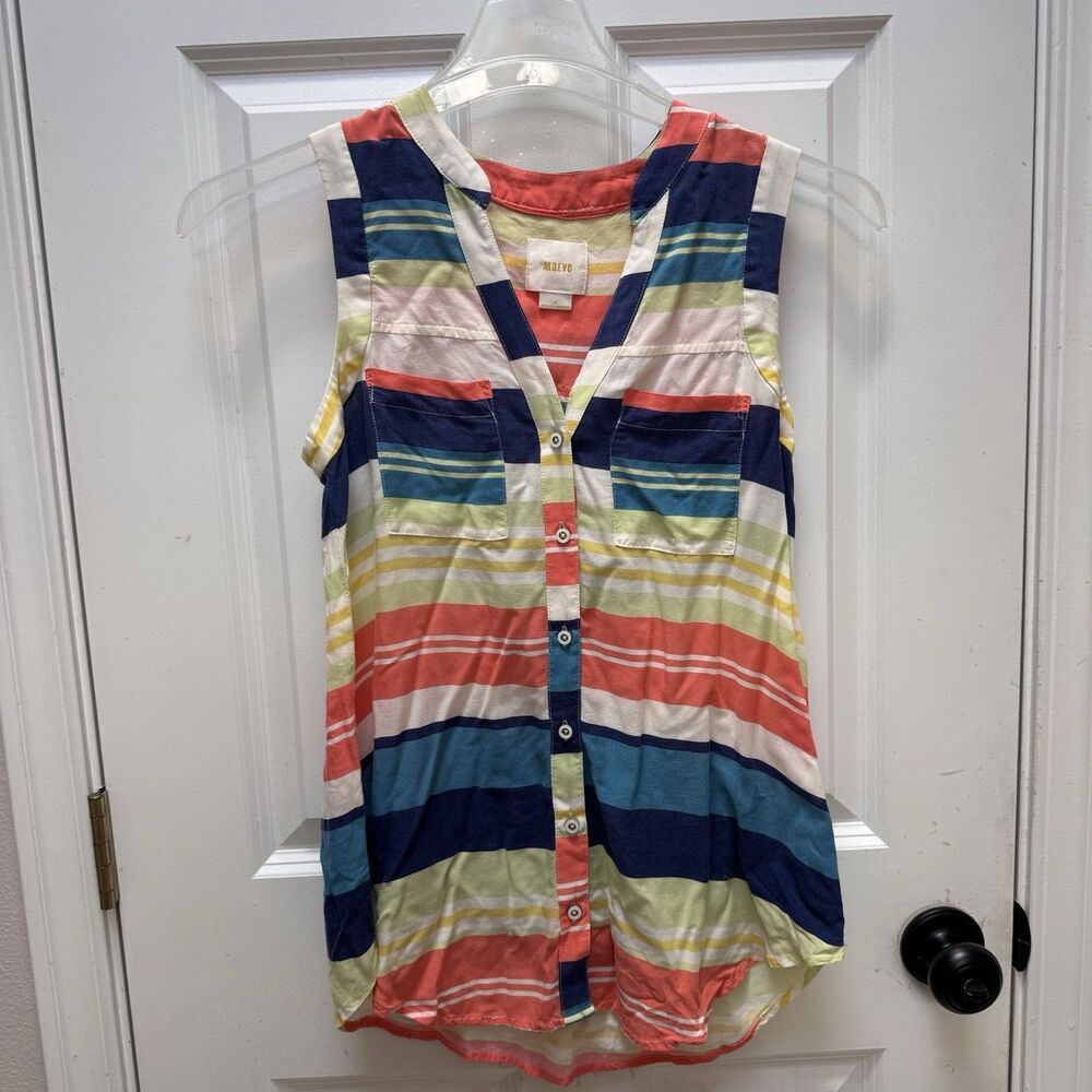 Anthropologie Maeve Stripe Sleeveless Button  Rayon Blouse Top Women's Size 4